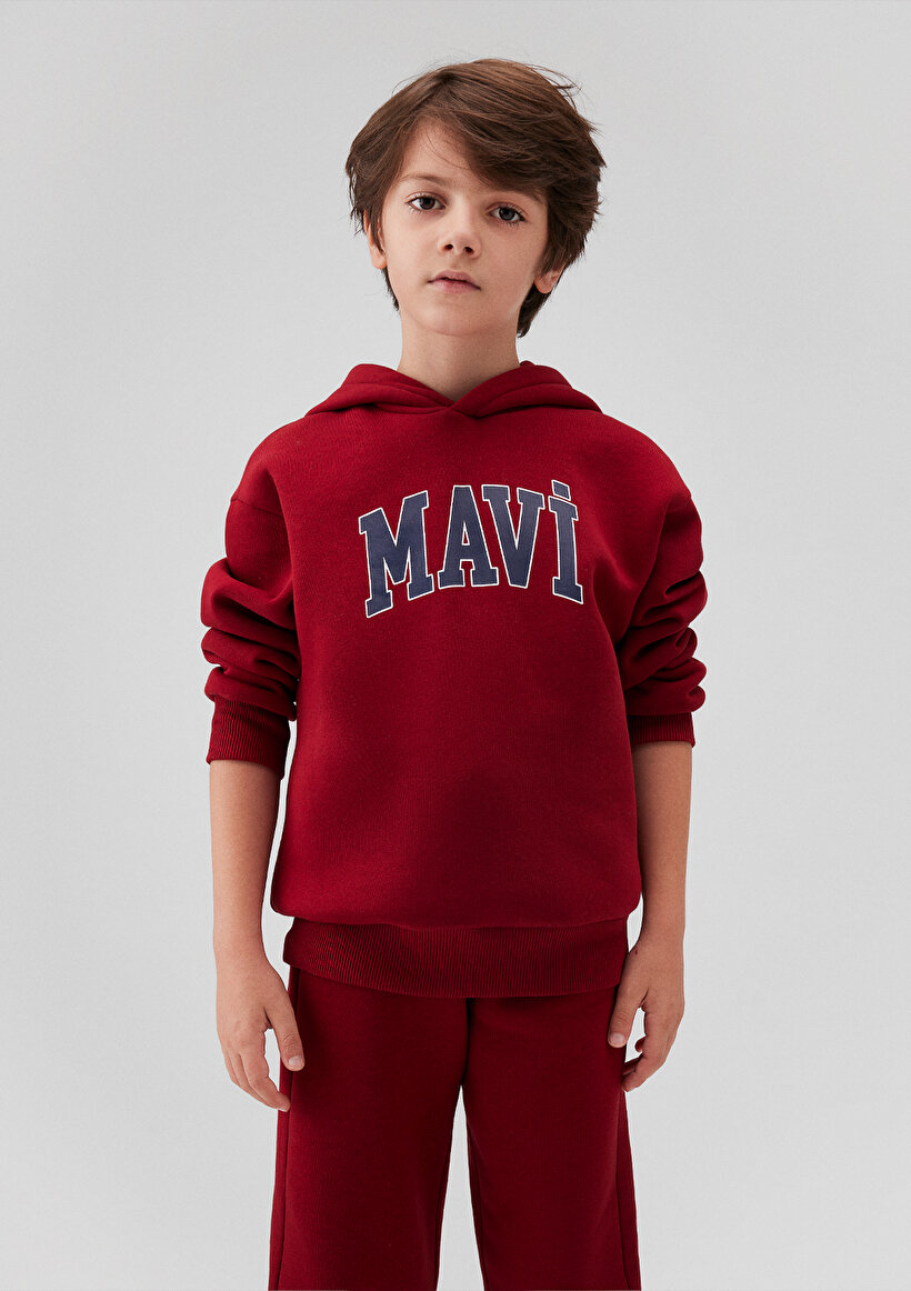 Mavi Logo Baskılı Kapüşonlu Kırmızı Sweatshirt