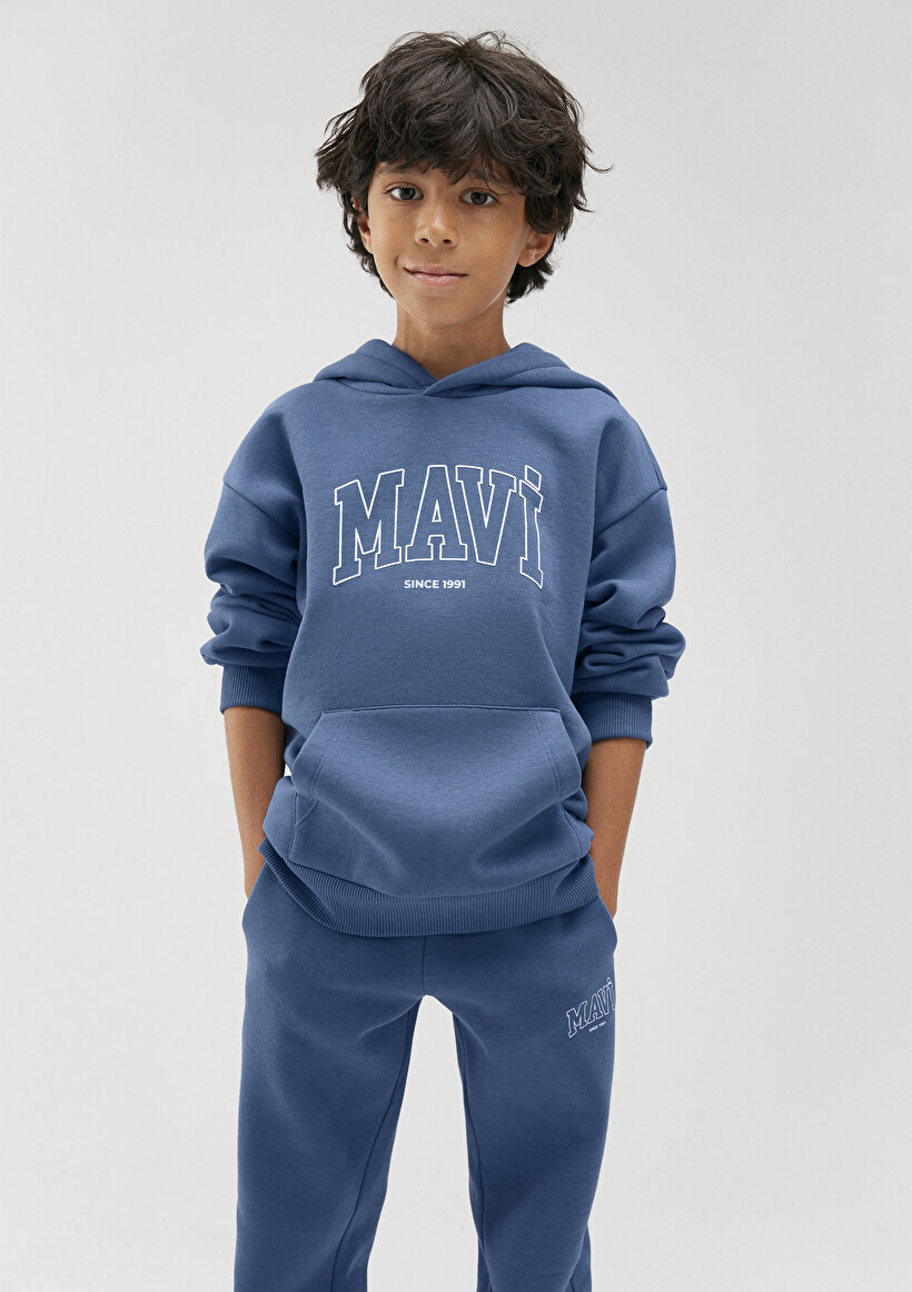 Mavi Logo Baskılı Kapüşonlu Mavi Sweatshirt