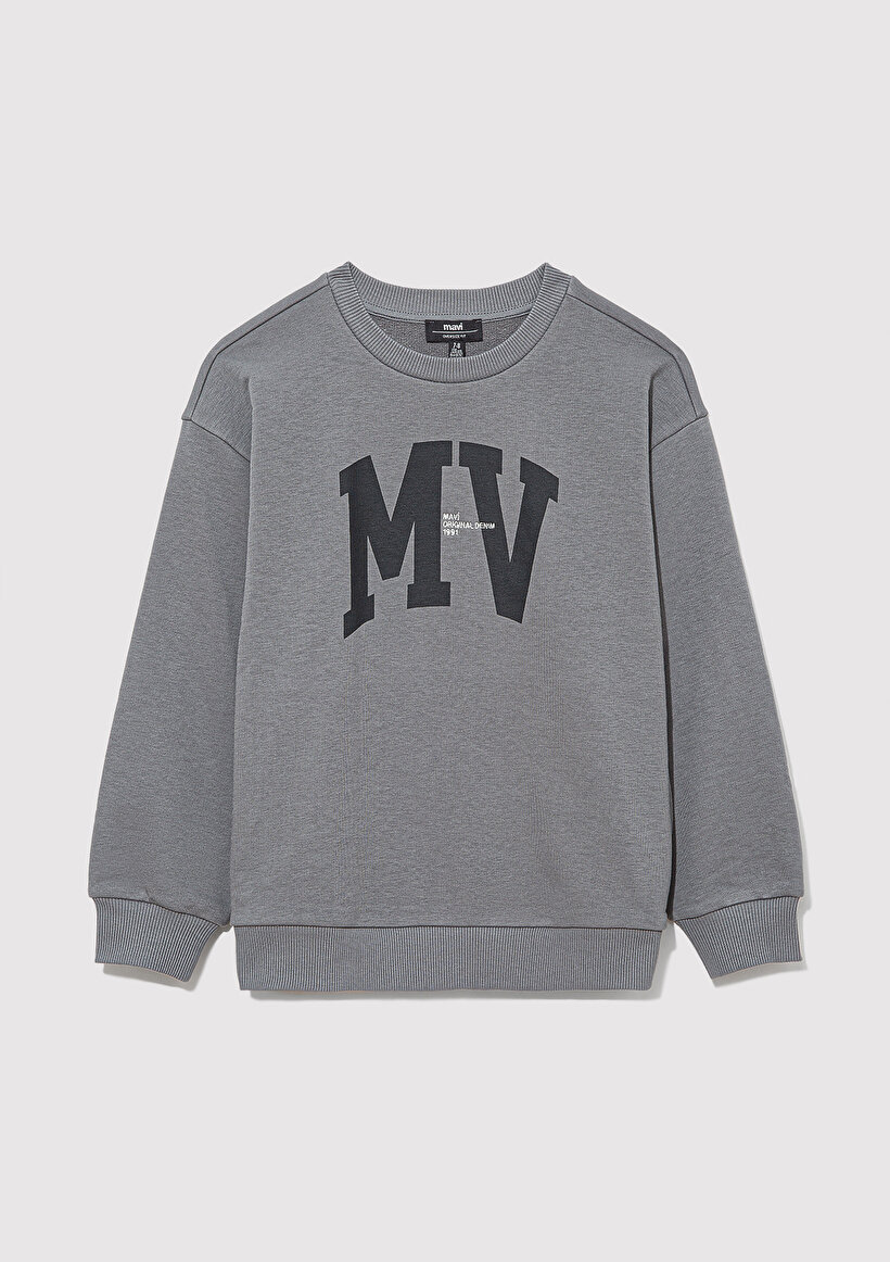 MV Logo Baskılı Kapüşonlu Gri Sweatshirt_1