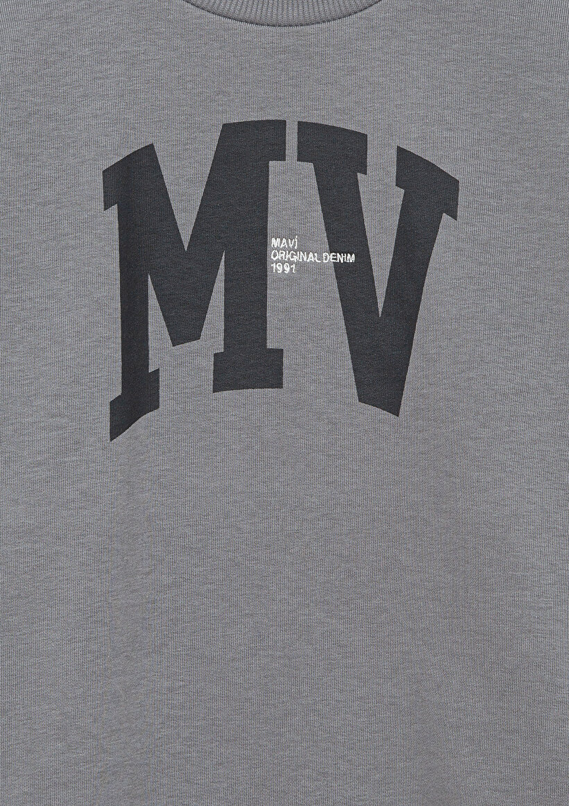 MV Logo Baskılı Kapüşonlu Gri Sweatshirt_3