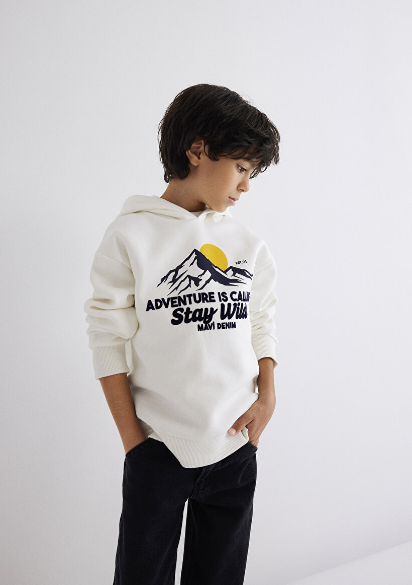 Kapüşonlu Baskılı Beyaz Sweatshirt_1