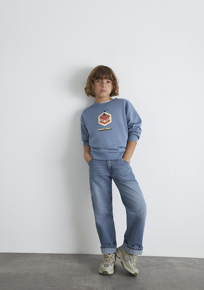 Minecraft Baskılı Mavi Sweatshirt - 0