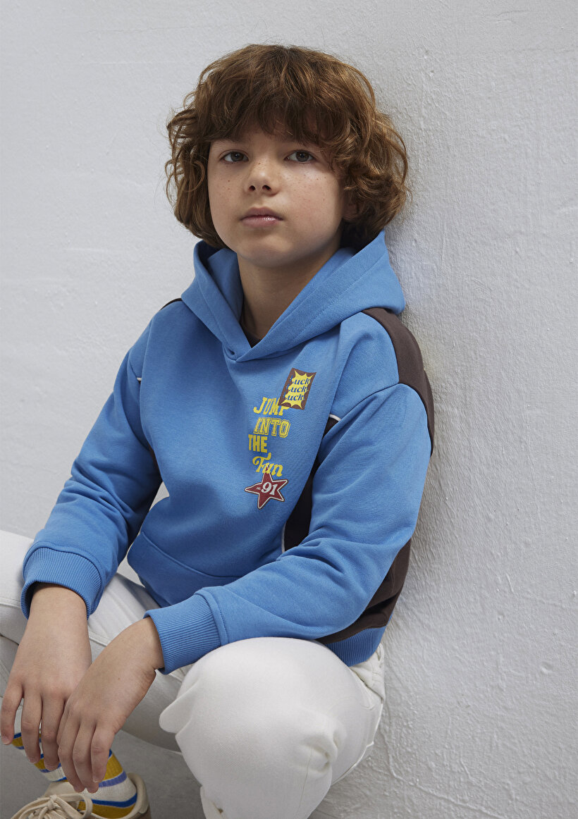 Baskılı Kapüşonlu Mavi Sweatshirt - 0