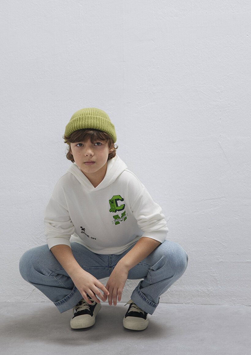 Minecraft Baskılı Kapüşonlu Ekru Sweatshirt. - 0