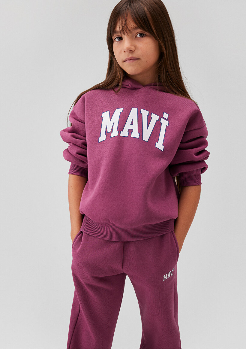 Mavi Logo Baskılı Kapüşonlu Mor Sweatshirt