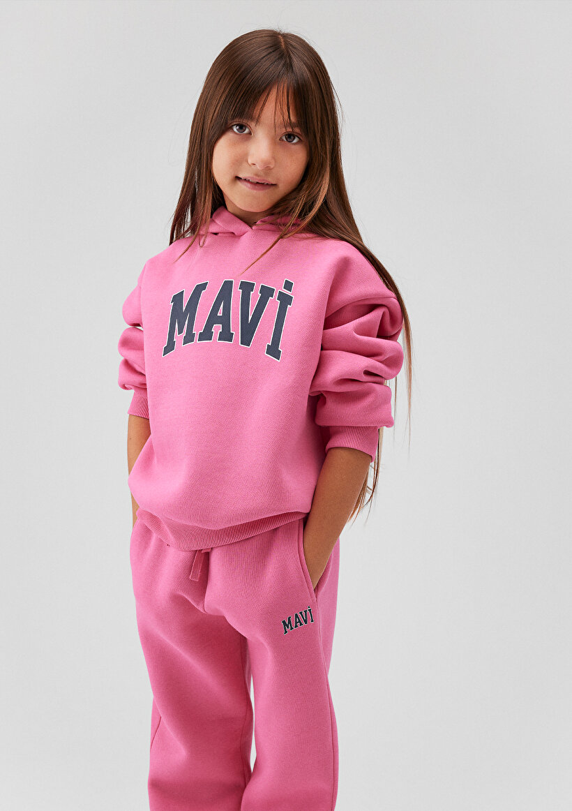 Mavi Logo Baskılı Kapüşonlu Pembe Sweatshirt