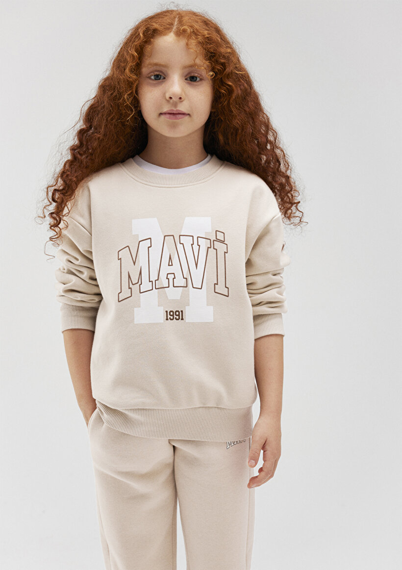 Mavi Logo Baskılı Bej Sweatshirt - 0