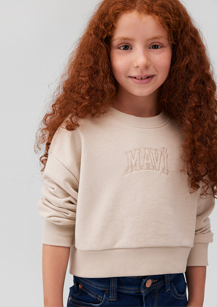 Mavi Logo Baskılı Bej Crop Sweatshirt