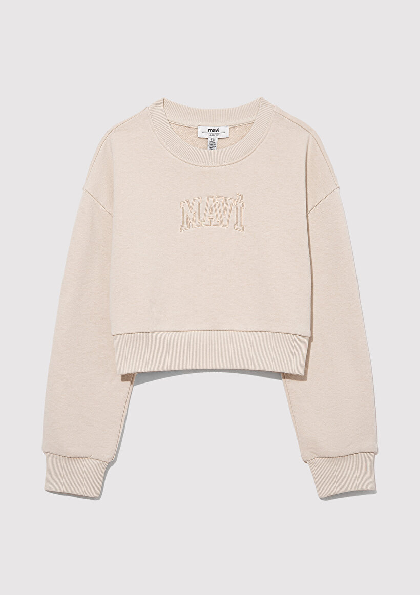 Mavi Logo Baskılı Bej Crop Sweatshirt_1