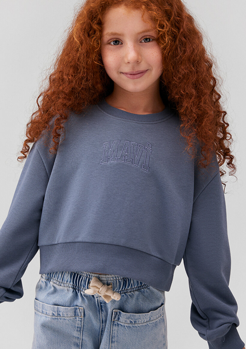 Mavi Logo Baskılı Mavi Crop Sweatshirt