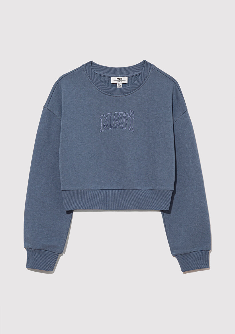 Mavi Logo Baskılı Mavi Crop Sweatshirt_2