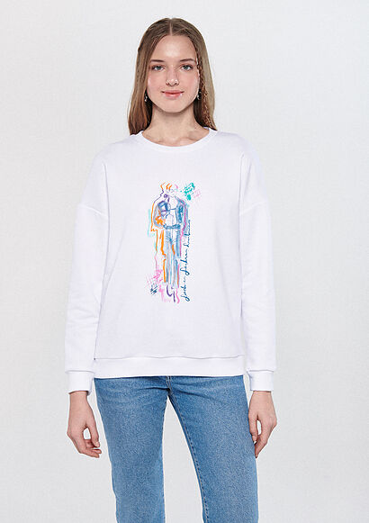 Denim Kız Baskılı Beyaz Sweatshirt - 2