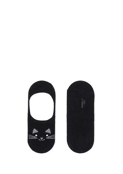 Kedi Baskılı Siyah Babet Çorabı - 0