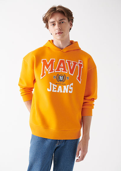 Mavi Logo Baskılı Kapüşonlu Turuncu Sweatshirt - Mavi