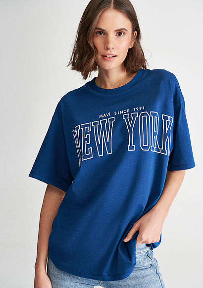 New York Baskılı Mavi Tişört - 0