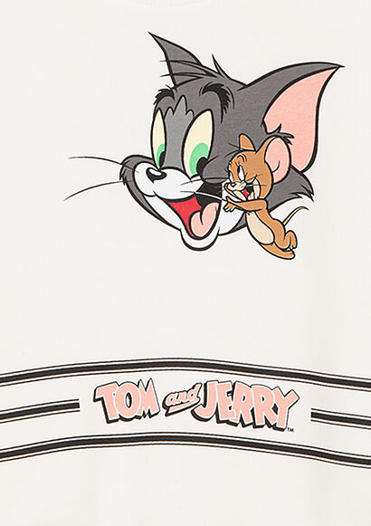 Tom and Jerry Baskılı Beyaz Sweatshirt - Mavi