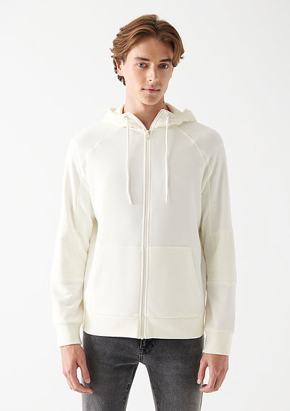 Kap&uuml;şonlu Fermuarlı Beyaz Sweatshirt - 1