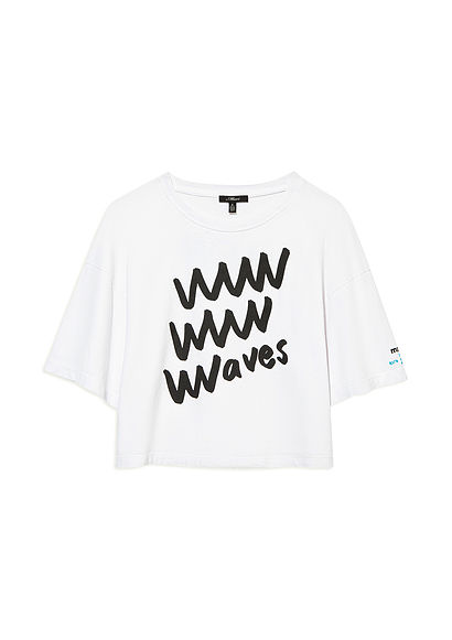 Waves Baskılı Beyaz Crop Tişört
