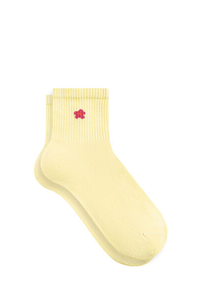 Çiçek Nakışlı Sarı Soket Çorap - 0