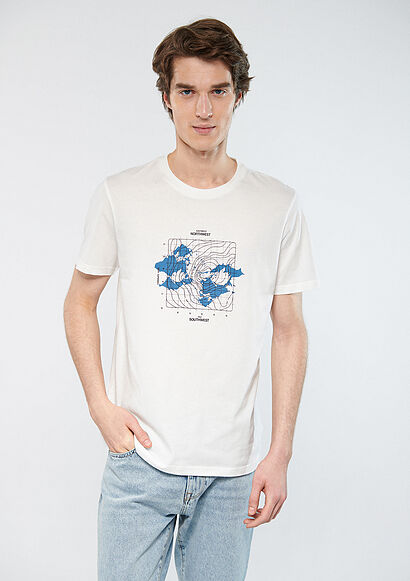 Harita Baskılı Beyaz Tişört - 0