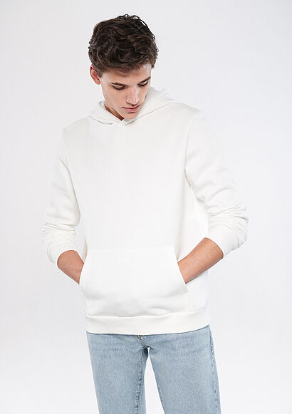 Kapüşonlu Beyaz Basic Sweatshirt