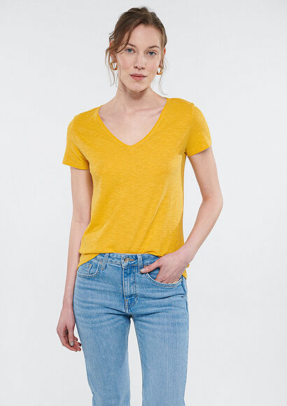 V Yaka Sarı Basic Tişört - 0