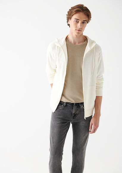 Kapüşonlu Fermuarlı Beyaz Sweatshirt - 0
