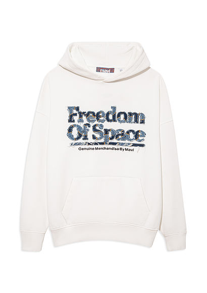Freedom of Space X Mavi Kapüşonlu Denim Patch Beyaz Sweatshirt