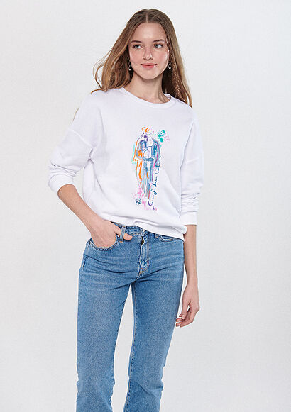 Denim Kız Baskılı Beyaz Sweatshirt - 1