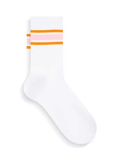 Çizgili Beyaz Soket Çorap - 0