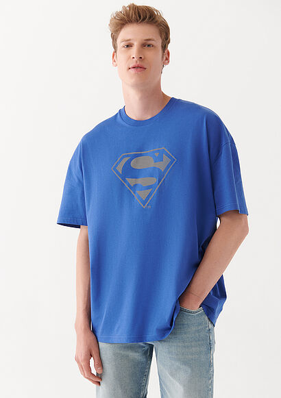 Reflektörlü Superman Baskılı Mavi Tişört - 0