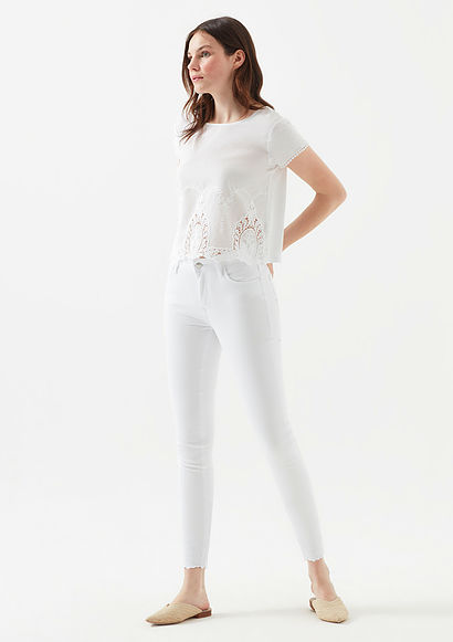 Tess Paça Detaylı Beyaz Jean Pantolon - 0
