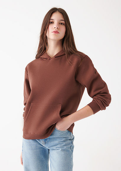 Kapüşonlu Kahverengi Basic Sweatshirt - 0