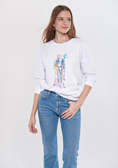 Denim Kız Baskılı Beyaz Sweatshirt - 0